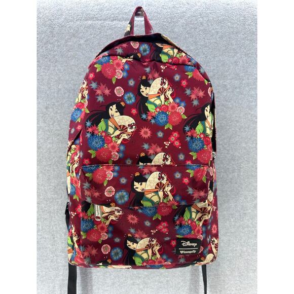 Disney Loungefly Mulan Backpack Maroon Floral Print Nylon Zip Up Pockets - Picture 1 of 9